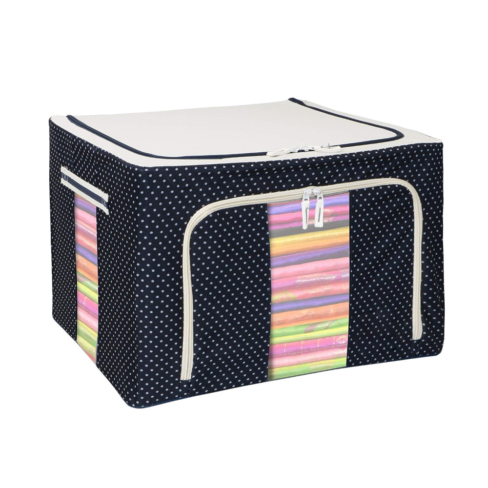 66L Clothes Storage Box Organizer - Waterproof & Moisture-Proof - Visible Steel Frame, Blue Dotted | Evergreen Mart
