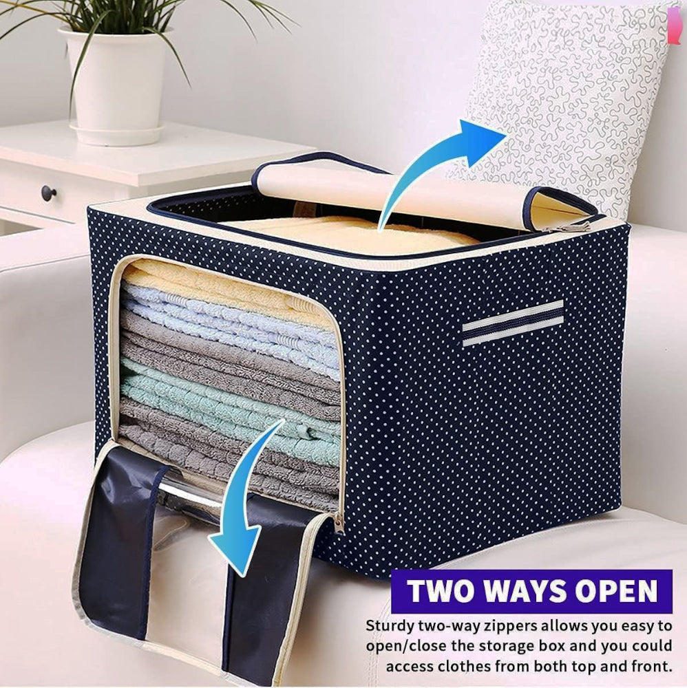 66L Clothes Storage Box Organizer - Waterproof & Moisture-Proof - Visible Steel Frame, Blue Dotted | Evergreen Mart