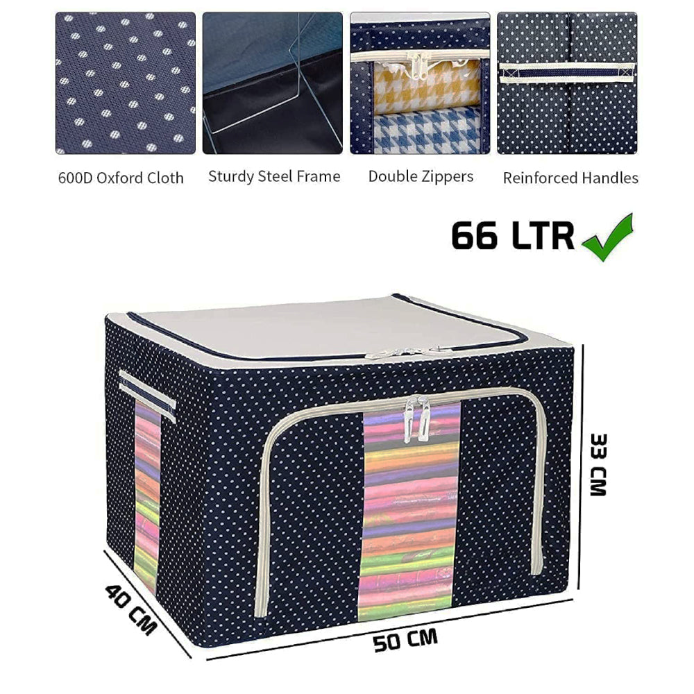66L Clothes Storage Box Organizer - Waterproof & Moisture-Proof - Visible Steel Frame, Blue Dotted | Evergreen Mart