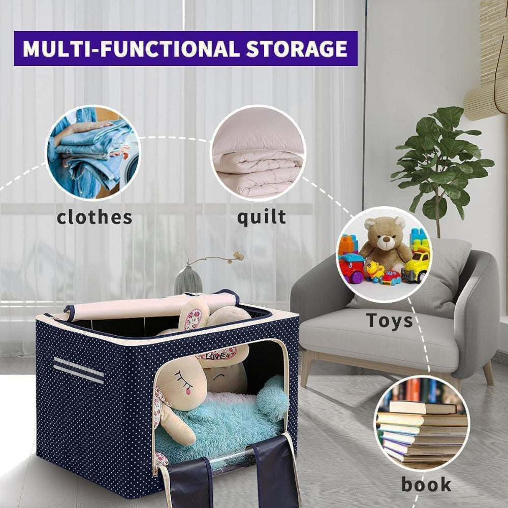 66L Clothes Storage Box Organizer - Waterproof & Moisture-Proof - Visible Steel Frame, Blue Dotted | Evergreen Mart