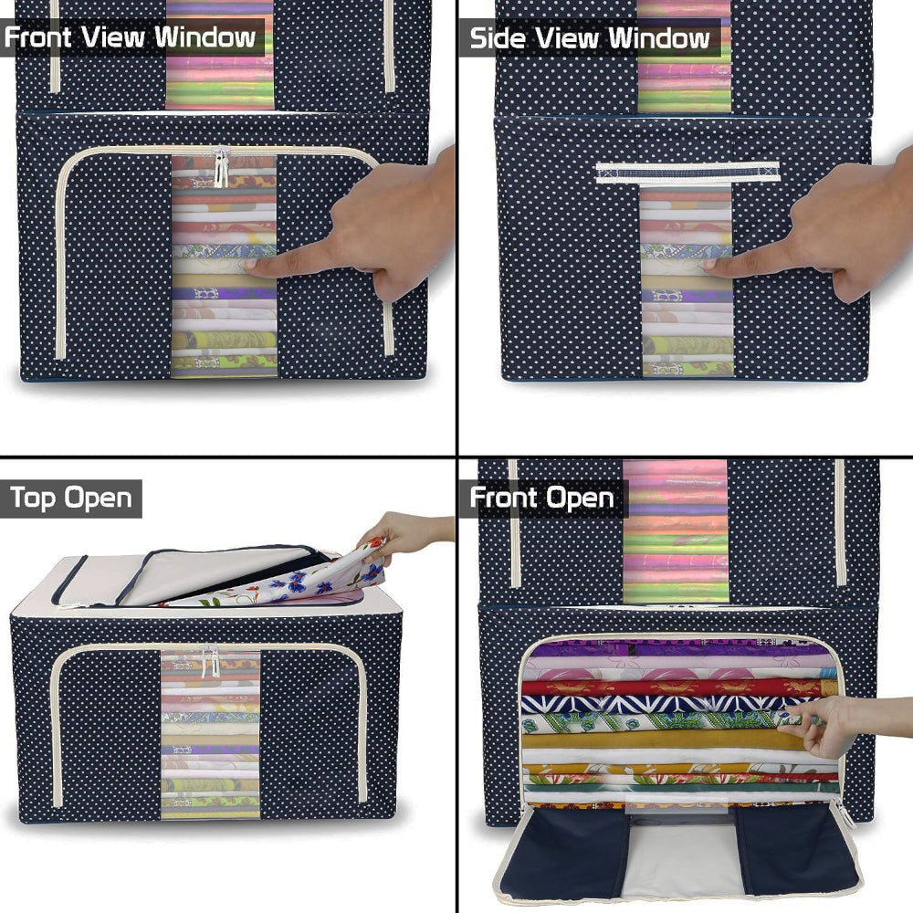 66L Clothes Storage Box Organizer - Waterproof & Moisture-Proof - Visible Steel Frame, Blue Dotted | Evergreen Mart